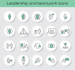 Leadership and teamwork icons set with people, group, idea, success, communication, and organization symbols. Perfect for business, management, team projects, cooperation, and corporate design.