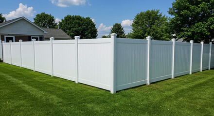 A long white vinyl fence stretches across a green lawn under a bright blue sky with fluffy white clouds