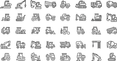 Industrial construction vehicle icons in line style, outline heavy equipment set, vector illustration.  