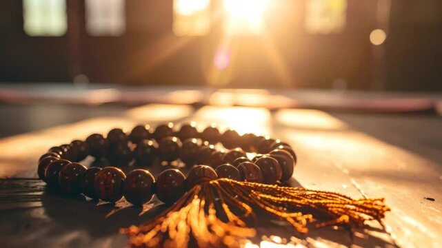 Wooden bead necklace with tassel in warm sunlight focus on the detail