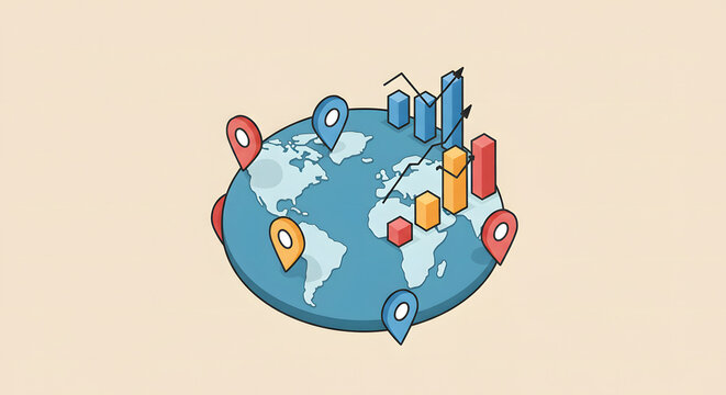 Conceptual illustration of global data analysis and business intelligence, featuring an isometric Earth with charts and location markers for worldwide market trends