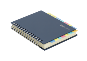 Isolated Blue Planner Book with Spiral Binding and Colorful Section Dividers for Organized Schedule