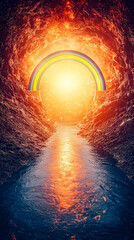 Rainbow Pathway Through Glowing Water And Stars