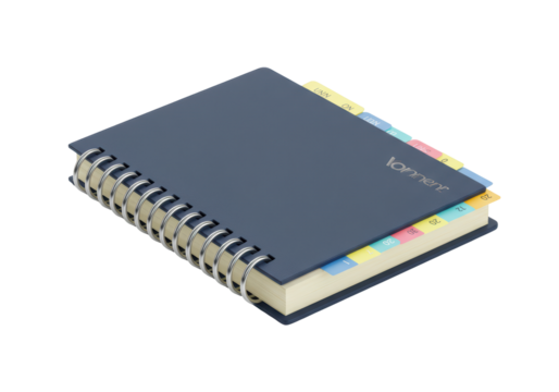 Isolated Blue Planner Book with Spiral Binding and Colorful Section Dividers for Organized Schedule