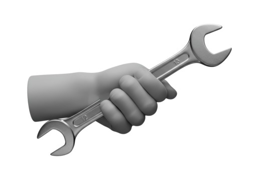 Isolated hand holding a wrench, open-end style tool for tightening bolts and nuts, silvery metal