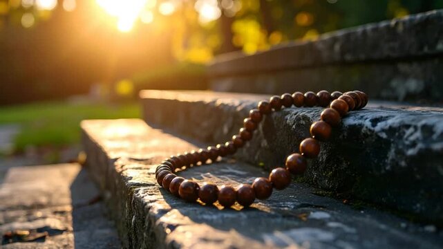Wooden beaded bracelet on stone steps