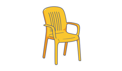 A bright yellow plastic outdoor chair with a tall slatted back and armrests isolated on white background