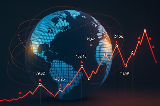 Global business growth chart with abstract digital globe and financial data points on dark background showing economic trend fluctuations.