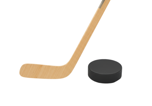 Isolated hockey puck and stick near each other, athletic sports equipment on neutral background