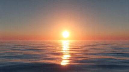 A serene sunset over a calm body of water, showcasing tranquil hues of orange and pink against a placid sea.