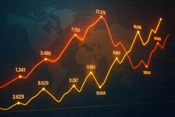Dynamic glowing financial graph lines over world map background illustrating global business data analysis and growth concept in light theme.