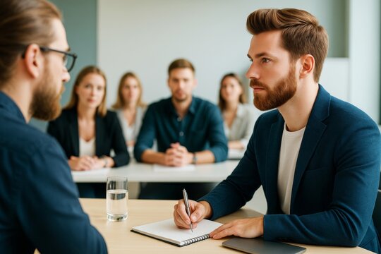 Business interview with serious panel and focused candidate in modern office setting with light background. Ai generative.
