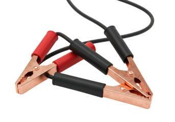 Isolated jumper cables show power and connection for automotive applications, safety equipment