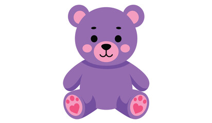 A cute cartoon purple teddy bear with pink accents sitting and smiling isolated on white background