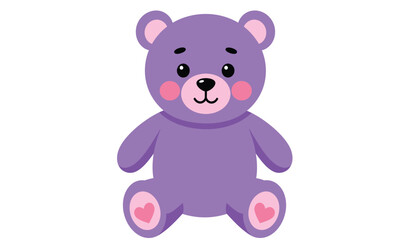 A cute cartoon purple teddy bear with pink accents sitting and smiling isolated on white background