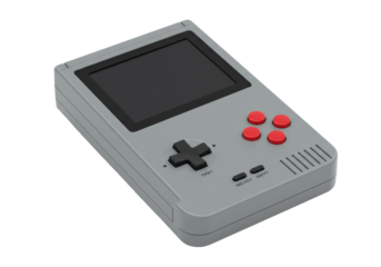 Isolated retro game console with four action buttons and d-pad for gaming with an empty screen