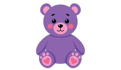 A cute cartoon purple teddy bear with pink accents sitting and smiling isolated on white background