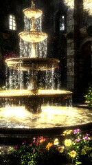 Golden Fountain In A Medieval Garden