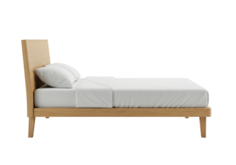 Isolated full size wooden platform bed frame with white sheets and pillows on top