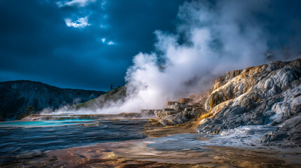 Obraz premium This remarkable geothermal area features vibrant hot springs with steam rising into the air, the rugged landscape.