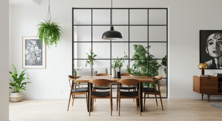 Stylish dining and living space with live-edge table.