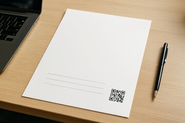 Blank business document with QR code and pen on wooden desk near laptop in light background setting for creative office workspace concept. Ai generative