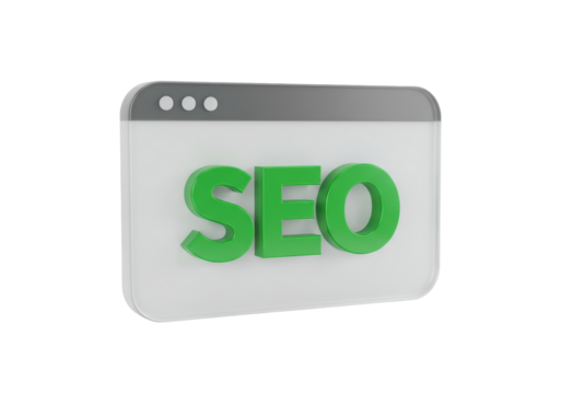 Isolated web browser window with the green SEO text on screen, internet search engine icon