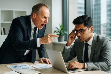 Angry boss shouting at stressed employee using laptop in modern office with documents on table in daylight near window background. Ai generative