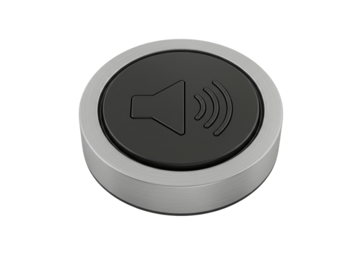 Isolated modern volume control button with metal ring and audio speaker symbol concept
