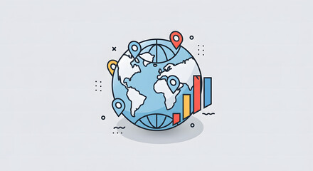 Flat line art illustration depicting global business analytics, international market data, and worldwide economic growth trends