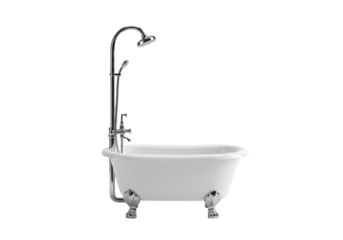 Isolated freestanding soaking tub with shower fixture and clawfoot legs on display indoors