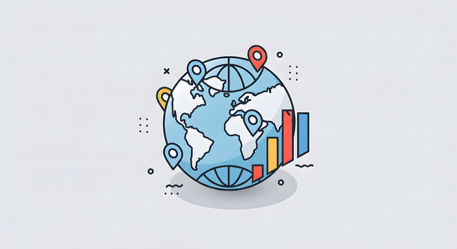 Flat line art illustration depicting global business analytics, international market data, and worldwide economic growth trends - Powered by Adobe