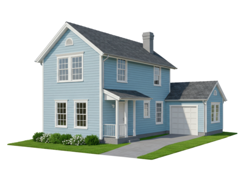 Isolated home with blue siding and a garage on a green lawn in a suburban area