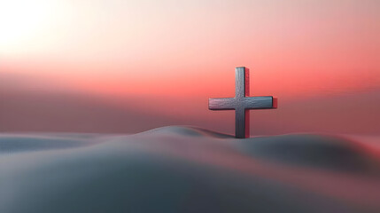 Metallic Cross On Desert Sunset Landscape
