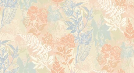 Obraz premium Pastel Floral Pattern: Delicate Flowers and Leaves on Textured Background.