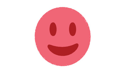 A simple hand drawn pink oval with a cheerful smiley face isolated on white background