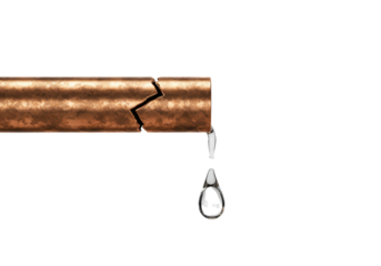 Isolated broken copper pipe with water dripping, plumbing emergency needing repair