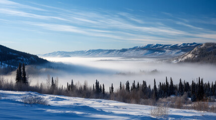 Early morning fog rolling over snowy tundra. Life in permafrost conditions, climate change problems on the planet. Global warming