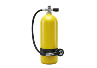 Isolated yellow scuba tank is used for underwater swimming, diving, and exploration