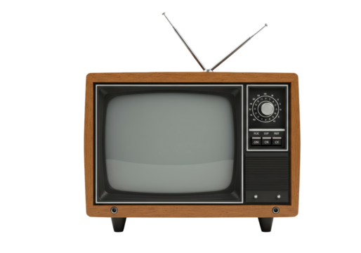 Isolated antique analog vintage retro television set with antennas, dial and volume controls