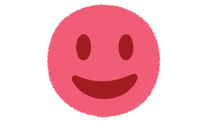 A simple hand drawn pink oval with a cheerful smiley face isolated on white background