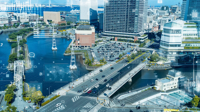 現代都市とデジタルテクノロジーのコンセプト