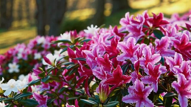 Vibrant rhododendron cultivation and blossoming cornus flora adjacent to sylvan area during the initial vernal season