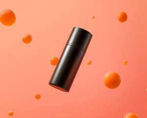 Black deodorant bottle mockup with 3D floating spheres on pastel background
