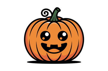 Cute Cartoon Halloween Pumpkin with Autumnal Leaves