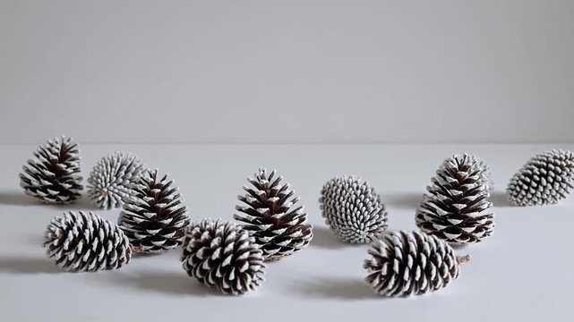 winter-themed background pattern suitable for December, featuring flat lay arrangement of snowy ry with frozen pine cones