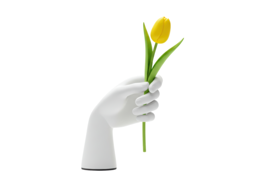 Isolated hand holding a yellow tulip flower, 3d rendering, springtime illustration, gift idea - Powered by Adobe