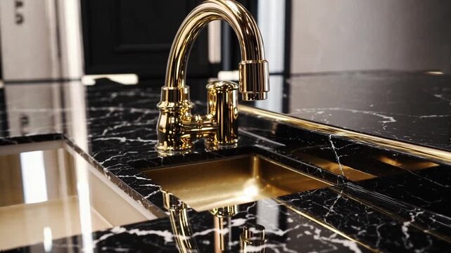 opulent kitchen interior showcases geometrically shaped sink and fixture in metallic finish with dark stone surface