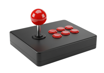 Isolated arcade stick with red joystick and buttons for fighting video game controller console