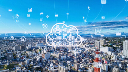 現代都市空撮とクラウドネットワークのコンセプト